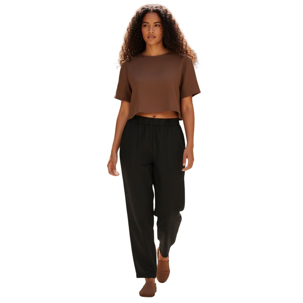 H&M Black Linen Blend Pleated Pants Women's SZ 12 Elastic Waist. Lagenlook. Cool